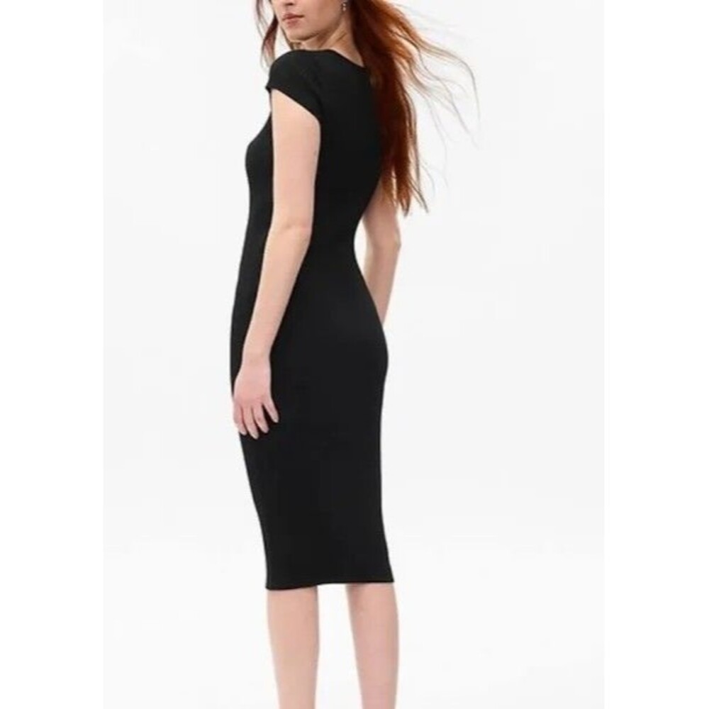 See You Monday Bodycon Midi Dress Black Stretch Cap Sleeve Lined Women's Sz L - Picture 2 of 16